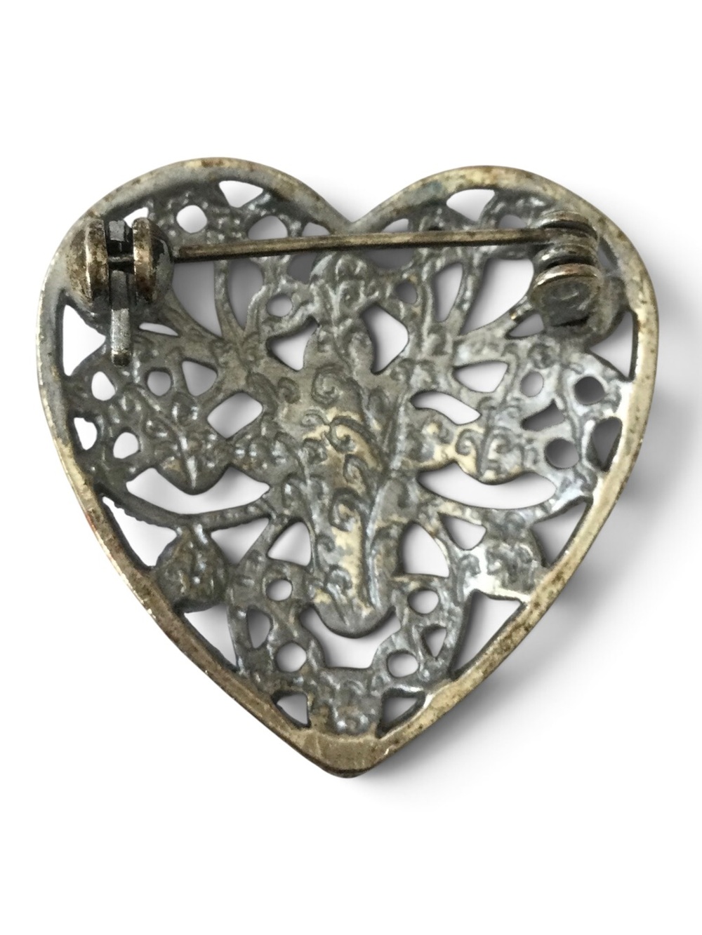 Vintage 1928 Brand Silver-Tone Heart Filigree Brooch with Pink Rhinestones - Picture 9 of 10